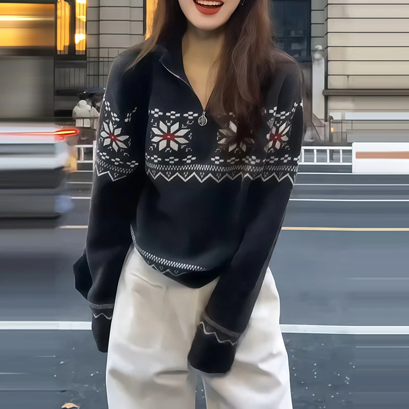 费尔岛提花立领半拉链毛衣女秋冬季2025新款慵懒高级感针织衫上衣