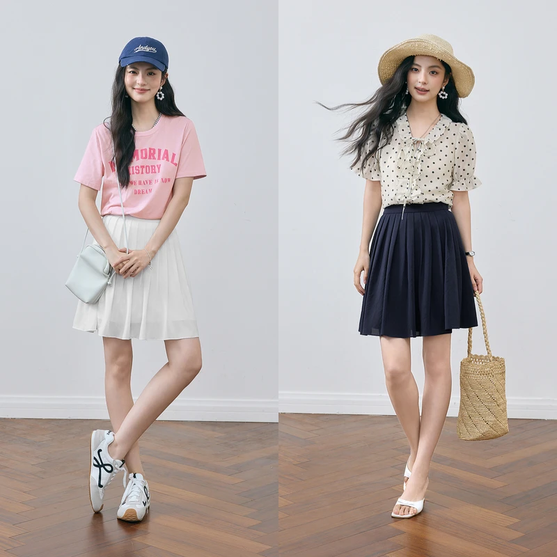 诗凡黎白色甜美A字半身裙25新款老钱风显瘦高腰百褶短裙7G5140711