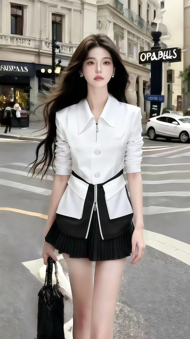 轻奢气质名媛穿搭白色翻领长袖别致设计感上衣+黑色半身裙两件套