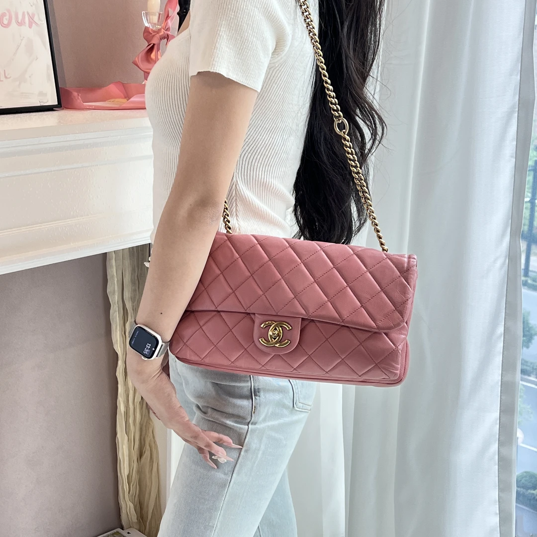 95新 Chanel/香奈儿 chanel蜜桃粉classic flap链条法棍包