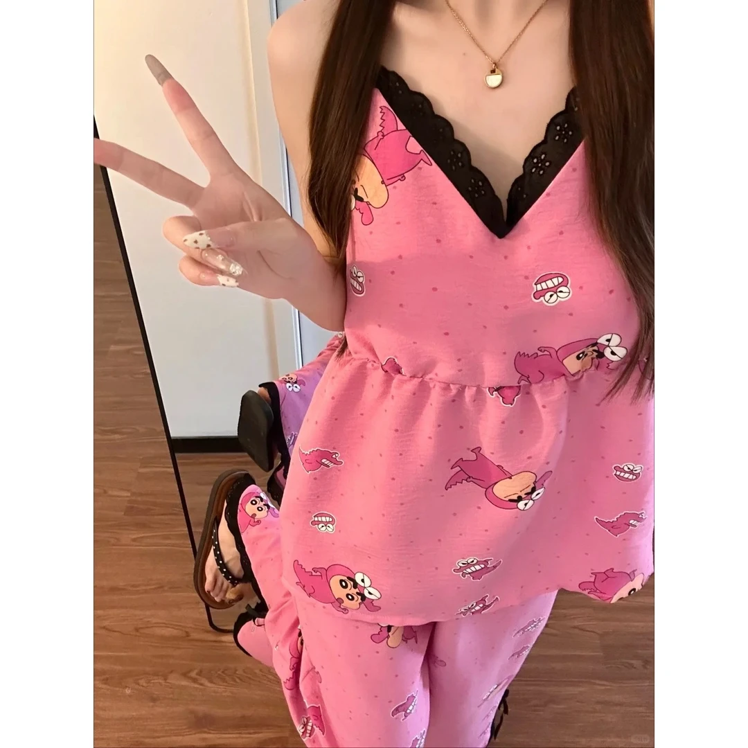 云朵棉甜美粉色波点蜡笔小新吊带睡衣女夏季新款套装可外穿家居服