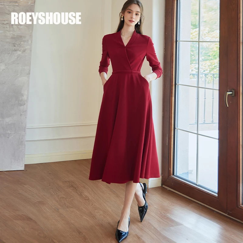 【RH】罗衣气质修身针织赫本风连衣裙秋冬时尚V领收腰大摆裙子09660