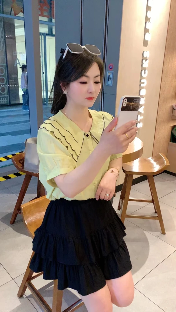 洋气夏季宽松娃娃领衬衣时尚减龄翻领学院泡泡袖小清新甜美衬衫