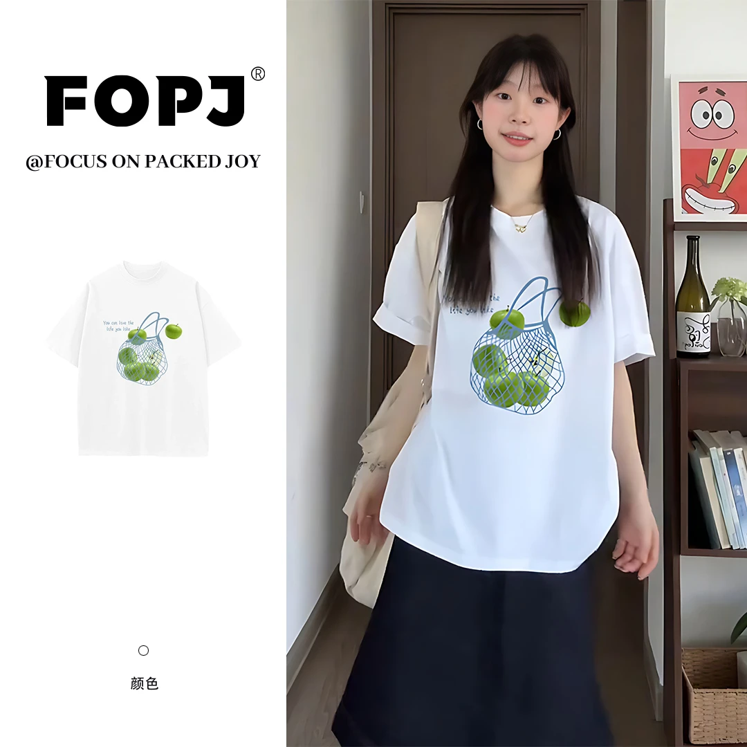 FOPJ夏季新款圆领舒适短袖t恤女韩版潮牌设计感时尚百搭气质上衣