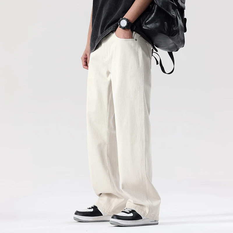 米白色牛仔裤cleanfit干净穿搭米筒裤美式休闲高街简约百搭牛仔裤