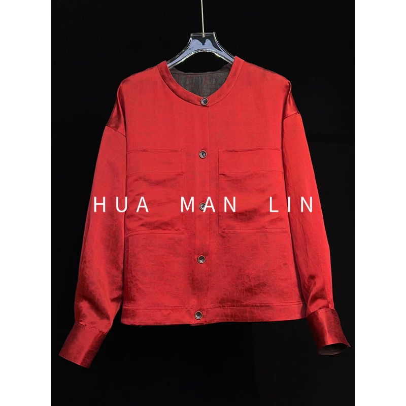 【花满林】圆领双口袋35MM缎面龟裂纹香云纱桑蚕丝长袖上衣251171