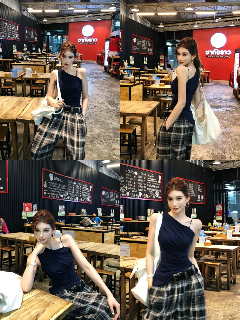 婉君【咖啡小姐】气质茶系不规则斜肩吊带中式上衣LWJ24B2TZ1292