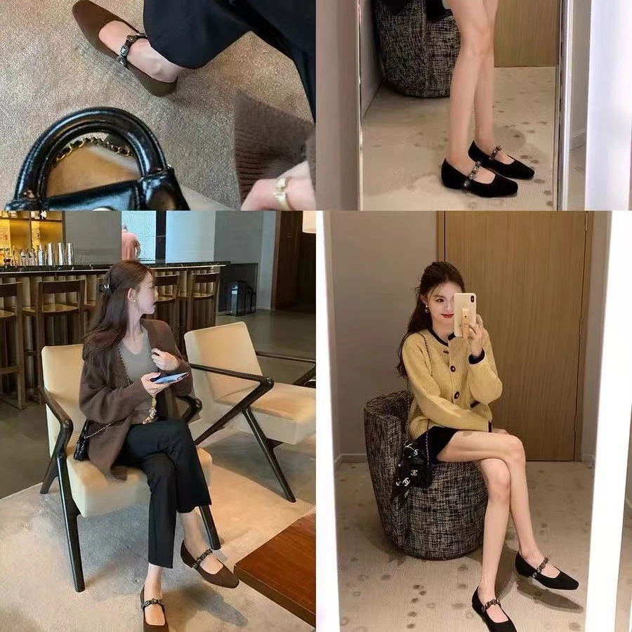 羊皮版~法式真皮豹纹玛丽珍单鞋女秋水钻带浅口芭蕾风平底鞋瓢鞋