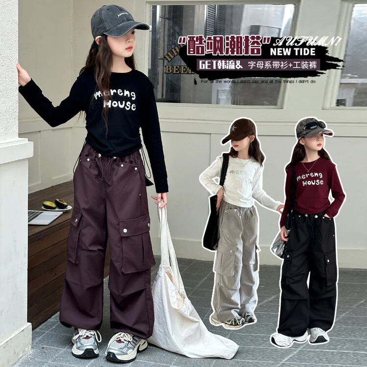 潮流女童秋季套装休闲洋气韩版中大童童装运动上衣+工装裤儿童