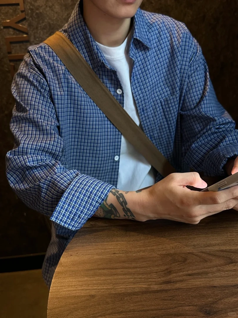 miu系蓝色格子衬衫男女款夏季cleanfit美式长袖衬衣慵懒情侣外套