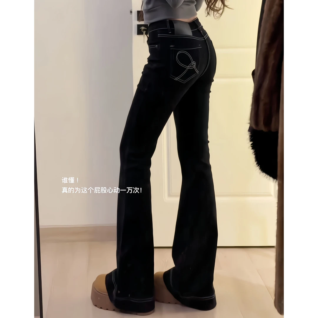 高个子加长复古黑色微喇牛仔裤女秋季口袋刺绣修身显瘦喇叭拖地裤