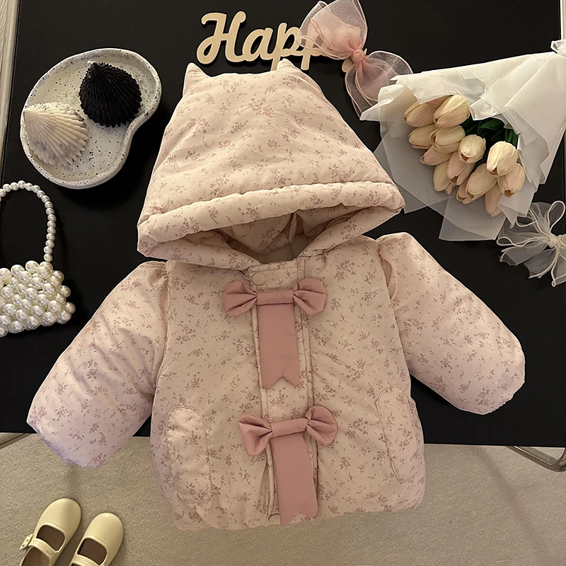 童装女童24新款冬装女宝宝加绒加厚棉衣小童韩版碎花连帽棉服外套