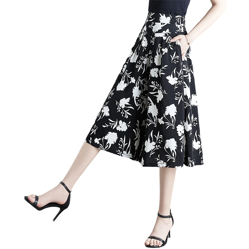 她池2025夏季新款女装时尚印花七分高腰宽松阔腿裙裤T22Z1123K