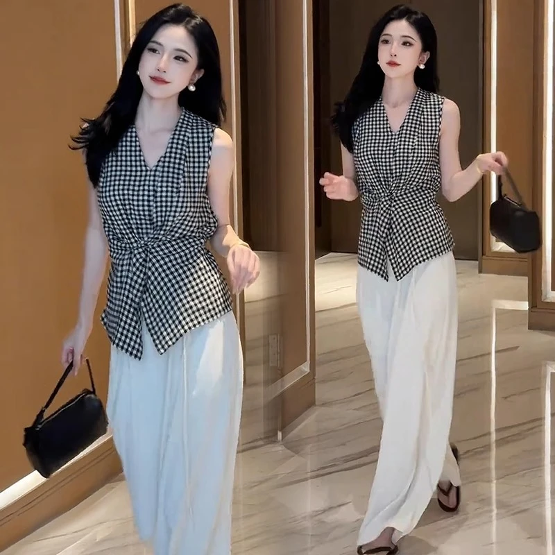 时尚气质套装女2025夏季新款轻职风收腰格子无袖上衣阔腿裤两件套