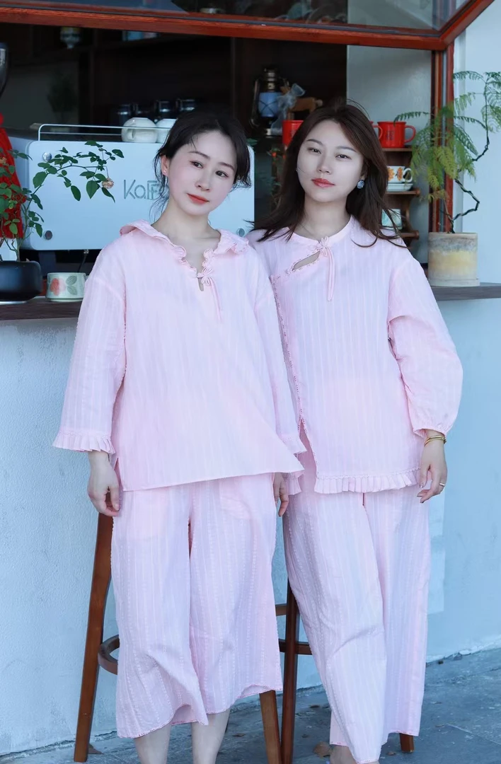 朵朵可可25春夏新款粉色长袖长裤女家居服套装纯棉甜美家居服睡衣