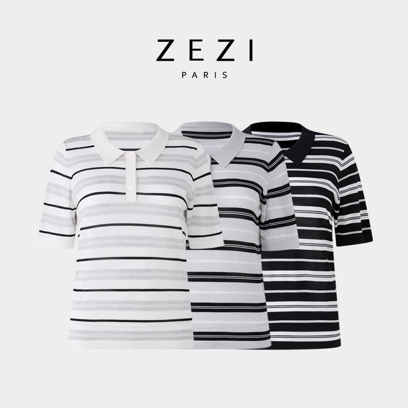 ZEZI清仓-莱赛尔羊毛针织衫条纹POLO衫时尚气质针织衫Z13C605Z