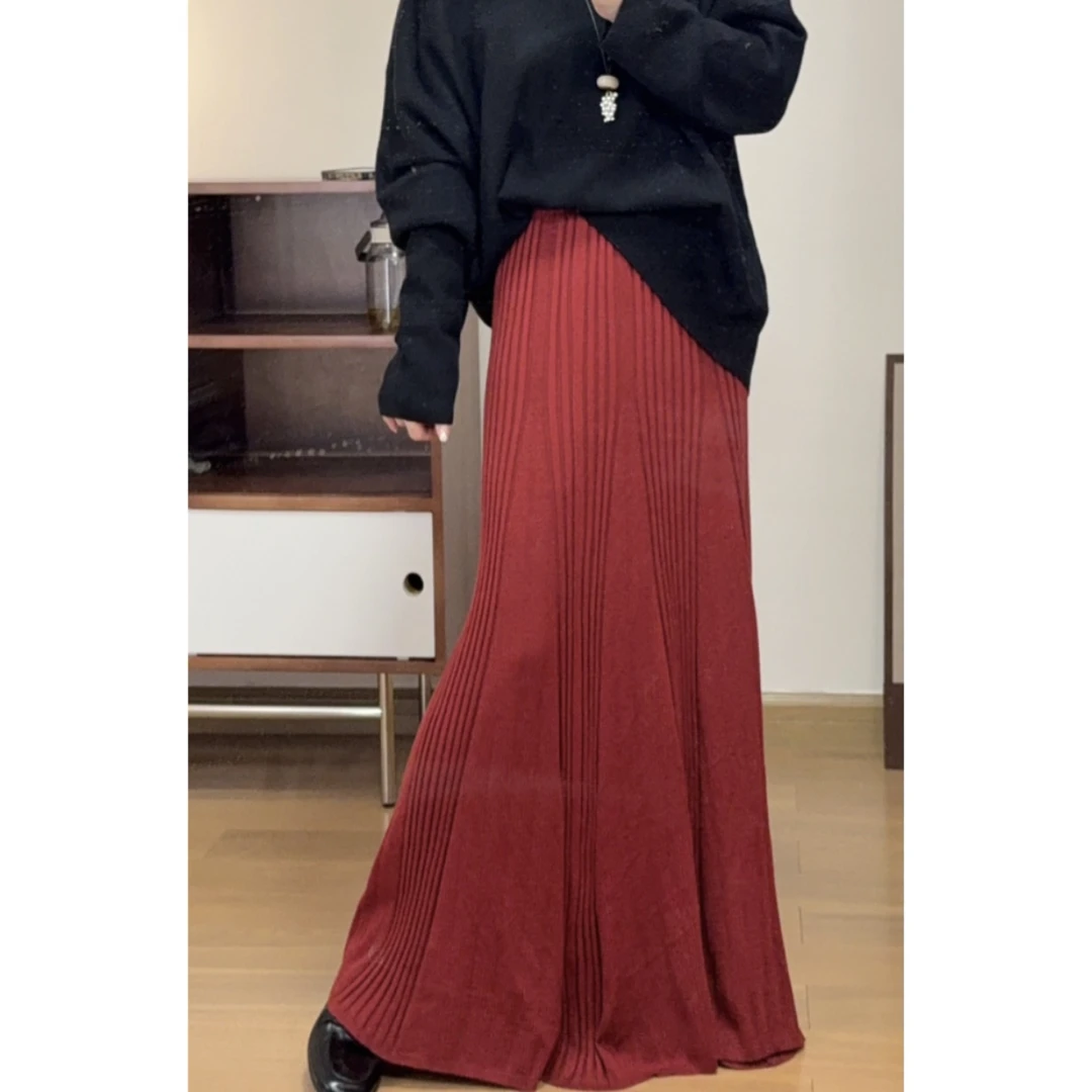 【法式复古红色针织半身裙】显瘦长款弹力气质鱼尾裙子