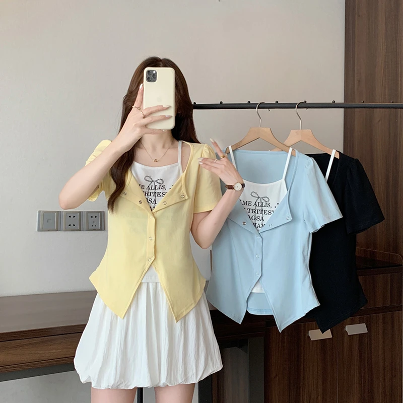 【涵胖胖】胖mm大码女设计感假两件印花字母吊带短袖T恤 A1505【B】