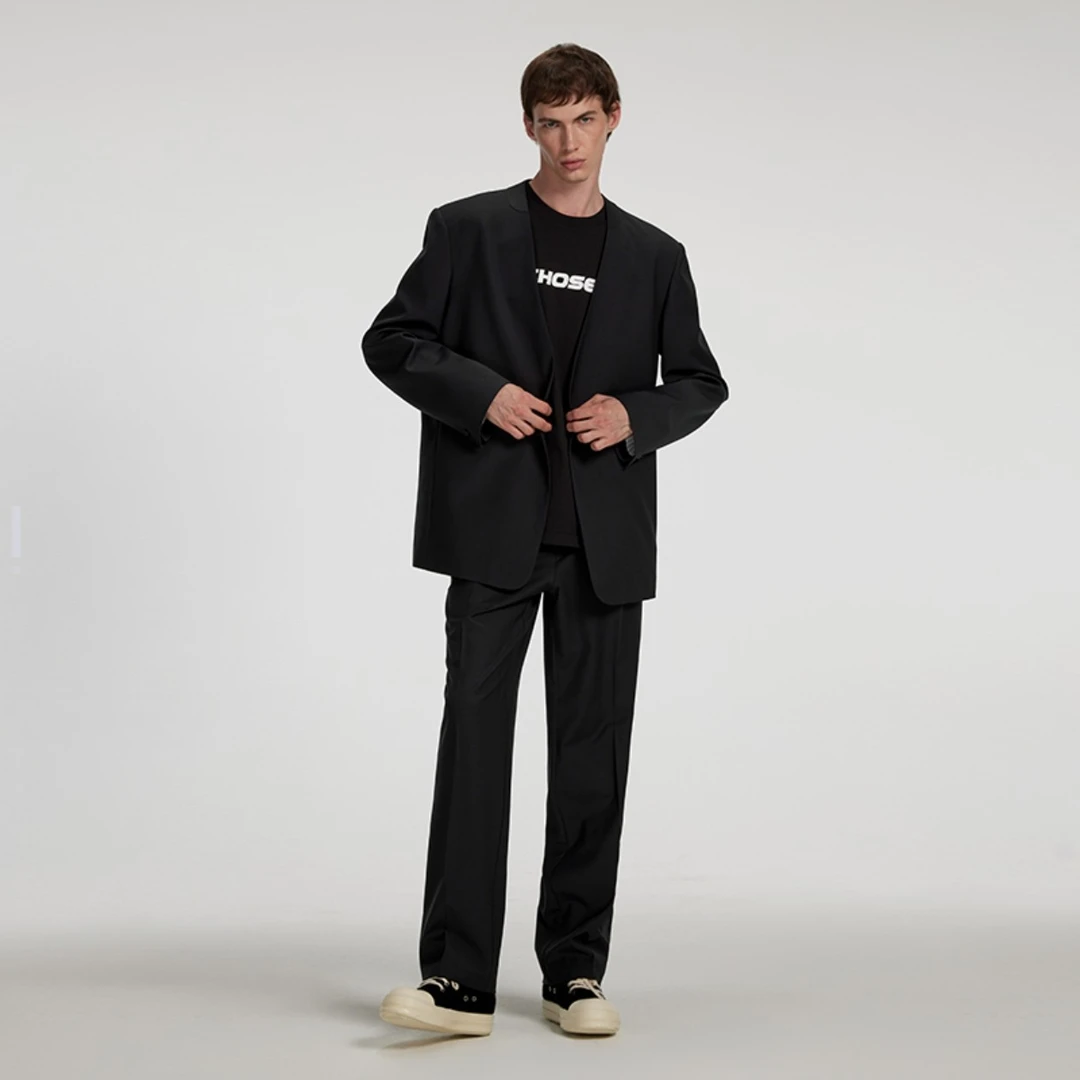 W01-STB001-OVE羊毛混纺新中式一粒扣无领外套西装