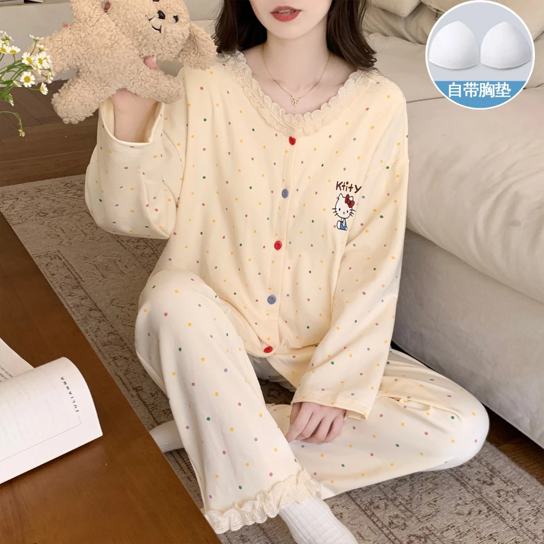 睡衣女秋冬季开衫长袖长裤卡通波点ins风少女冬家居服套装可外穿