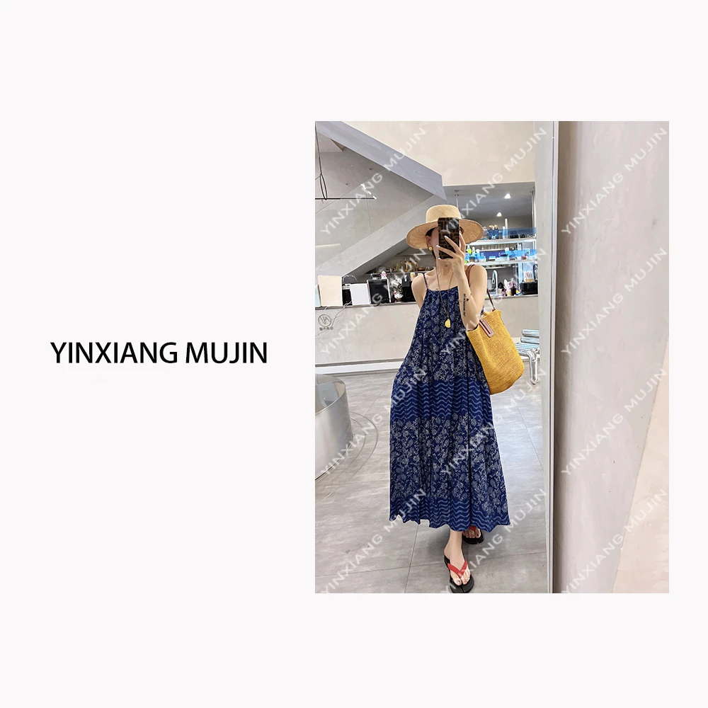 【YINXIANGMUJIN】蓝色吊带裙 法式丝麻慵懒度假长裙女士时尚连衣裙