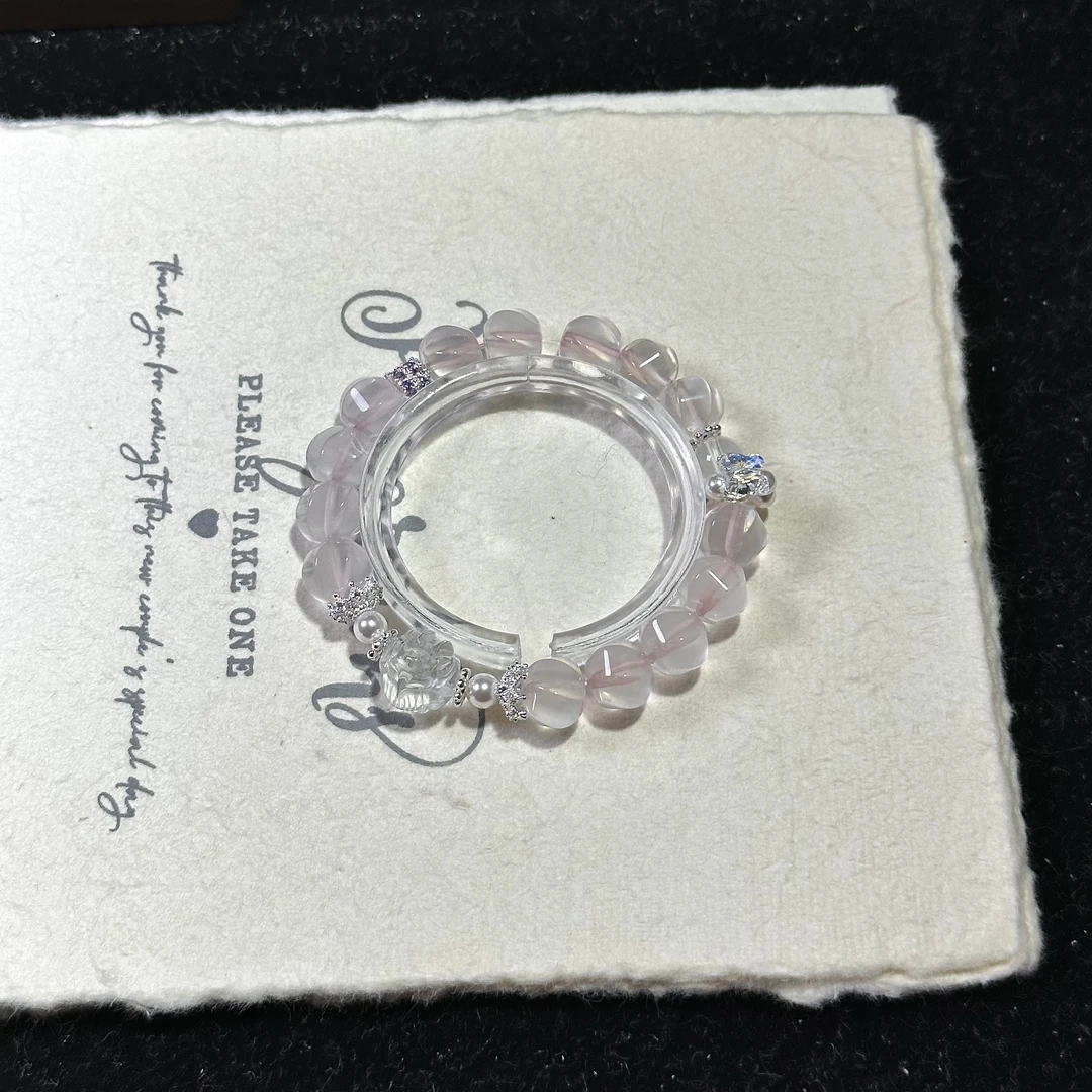 《桃花坞》天然粉水晶扭扭珠+白水晶狐狸球手串 11mm