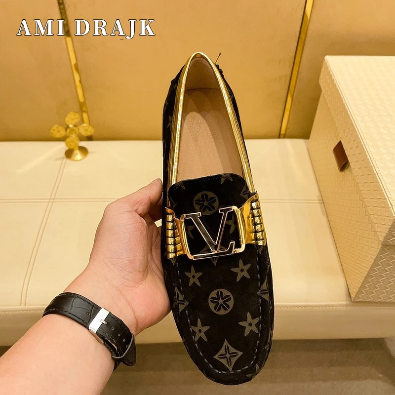 AMIDRAJK潮牌真皮印花男士休闲豆豆鞋男磨砂翻牛皮套脚一脚蹬驾