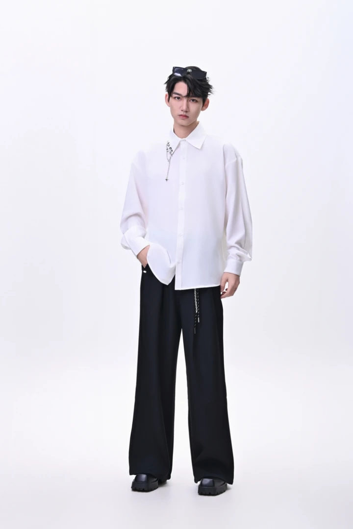 小众设计感宽松垂感长袖衬衫男时尚拼接链条衬衣潮流百搭