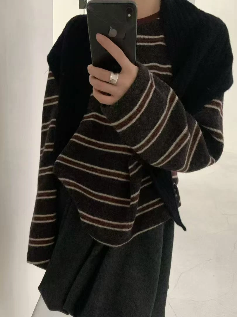 番茄妹妹Tomatosister美式百搭撞色条纹长袖T恤毛绒感圆领卫衣女