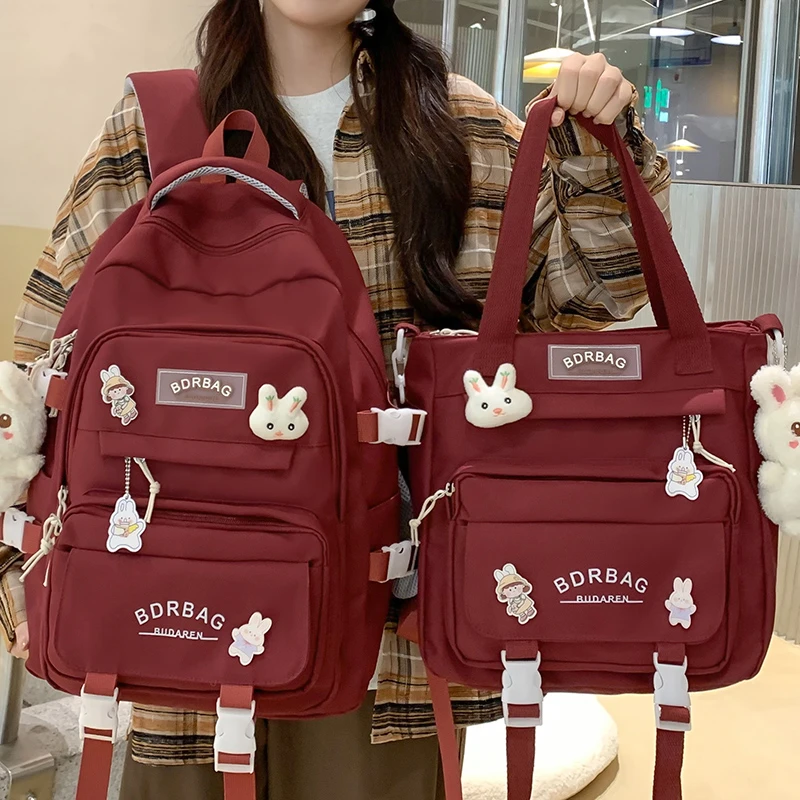 书包女生小学生初中生高中学生大学生男生酒红色背包补课包双肩包