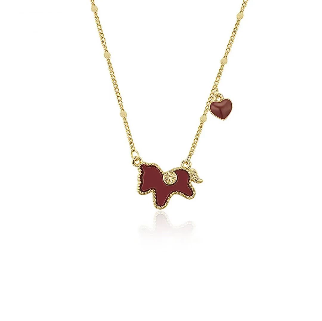 铜合金项链 中国风红色马上有钱项链女简约闪亮红色爱心颈链