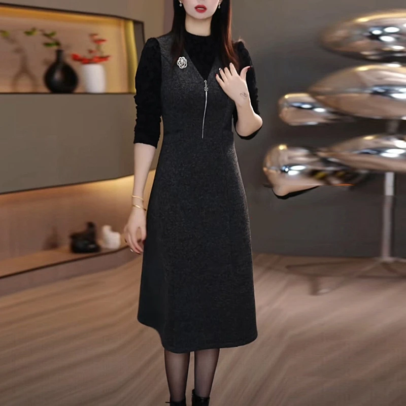 华夫格精纺轻奢假两件打底裙2025秋冬季新款气质显瘦加厚连衣裙子