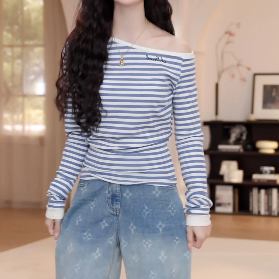 2025新款春夏百搭斜肩洋气字母条纹显瘦长袖时尚T恤上衣LK2501662