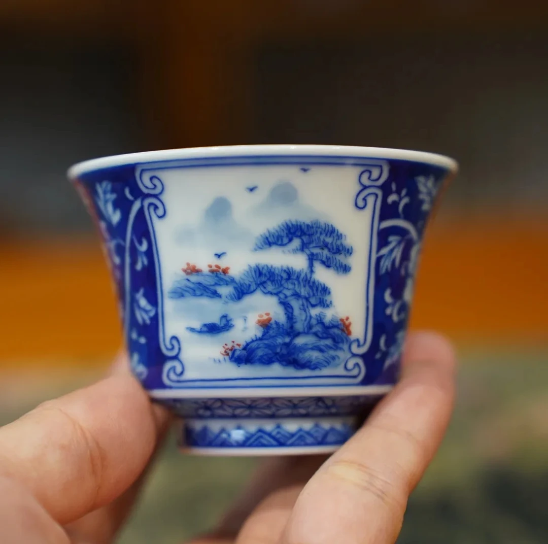 景德镇全手工手绘青花茶具开窗山水马蹄主人杯