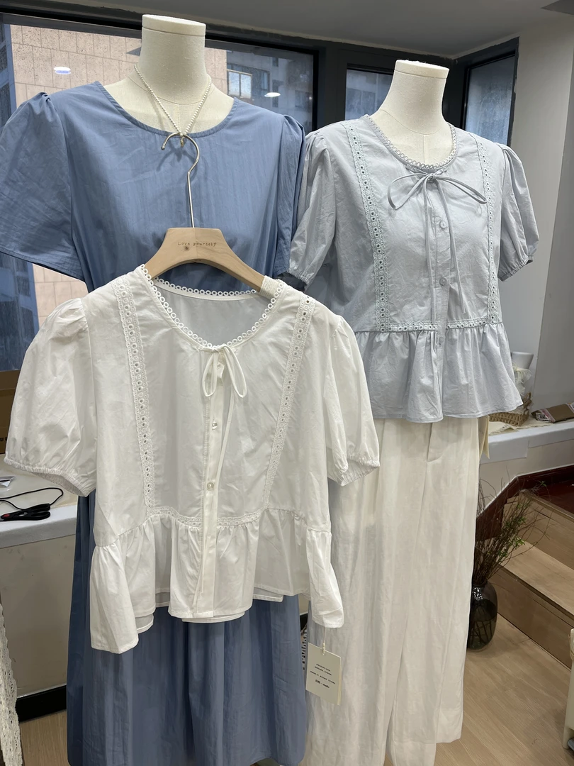 夏季吸汗镂空女拼接水洗短袖衬衫纽扣宽松型春季法式常规款