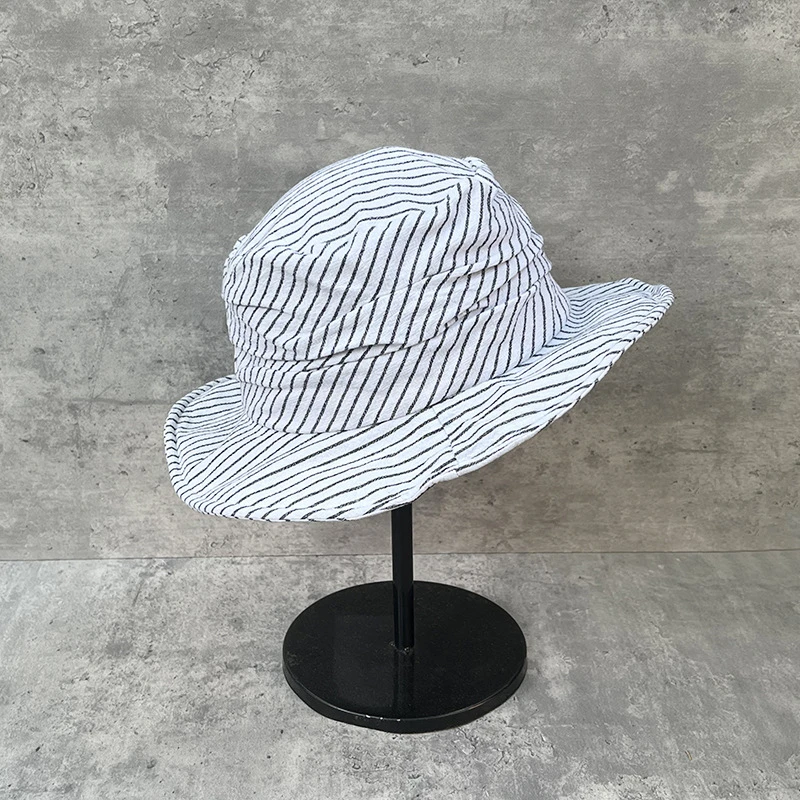 韩国版小众设计棉麻褶皱条纹平顶渔夫帽休闲百搭遮阳帽小清新盆帽