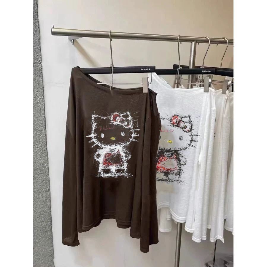 【ZHAP】新款斜肩防晒罩衫女夏季长袖t恤宽松chic洋气小众显瘦上衣