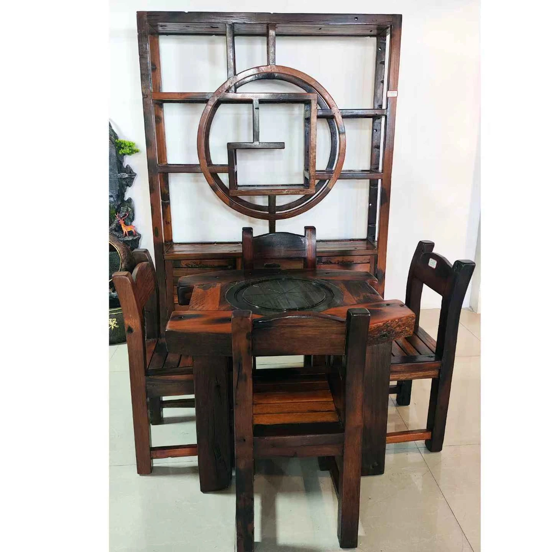 92小茶桌+4个靠背椅+一个大团圆博古架
