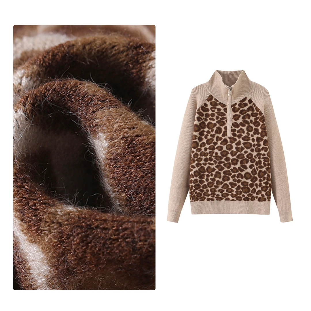 门店32&9！豹纹毛衣」加厚保暖半拉链宽松百搭针织上衣女 H01035