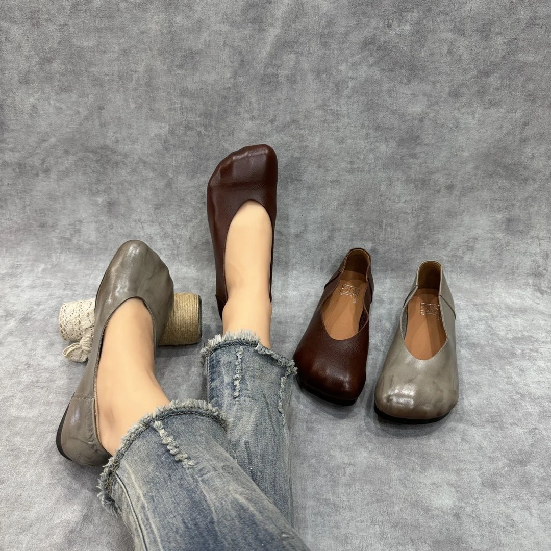 奶奶鞋妈妈鞋纯牛皮手工复古擦色浅口平跟休闲豆豆鞋单鞋女鞋