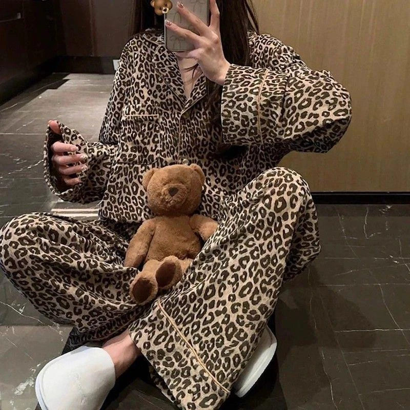 睡衣女秋冬新款豹纹宽松时尚豹纹可外穿家居服春秋套装142
