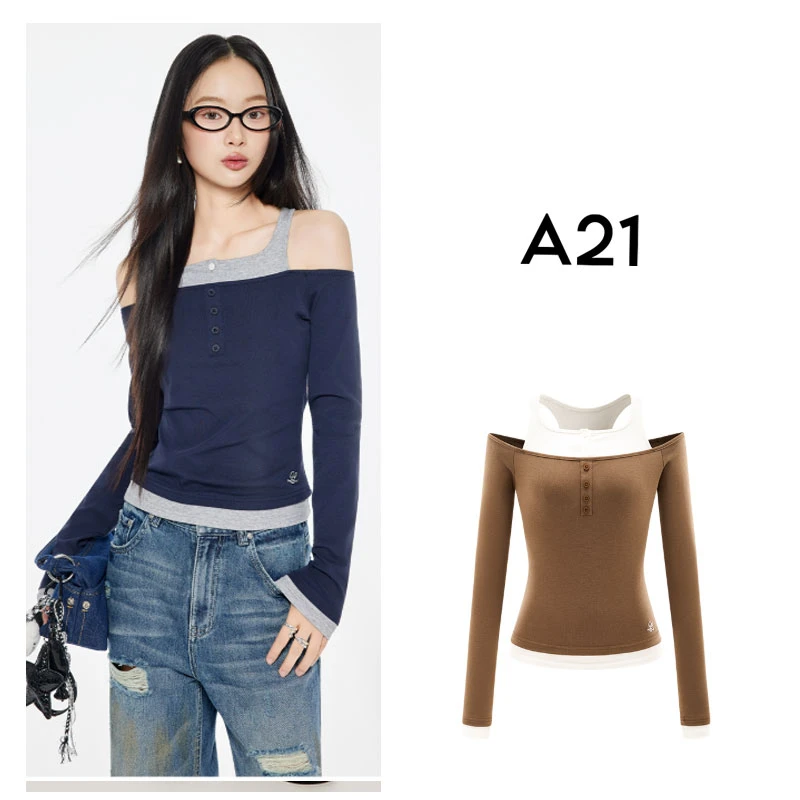 A21女装美式复古假两件长袖T恤秋季新款一字领露肩上衣F453231009