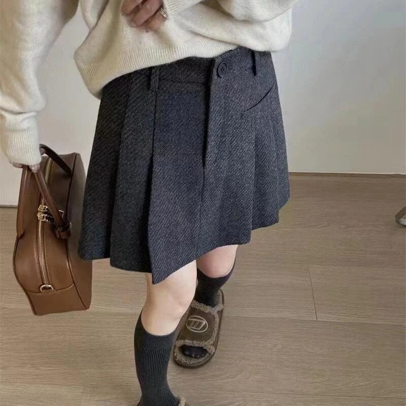 秋冬新款毛呢短裙女大码高腰显瘦百褶裙小个子韩版百搭a字半身裙