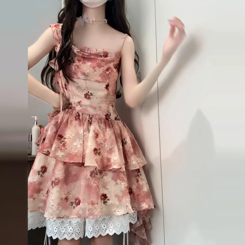 ZJ50947小个子连衣裙子蛋糕裙碎花吊带裙夏季新款女装开衫两件套