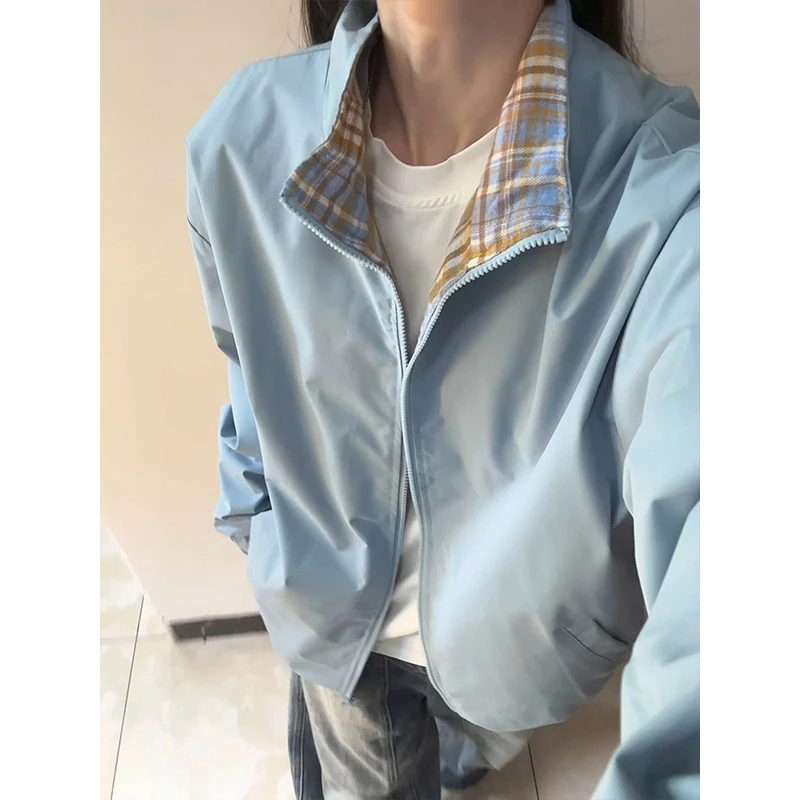 格子拼接外套男秋季穿搭运动夹克潮牌美式青少年立领防风上衣情侣