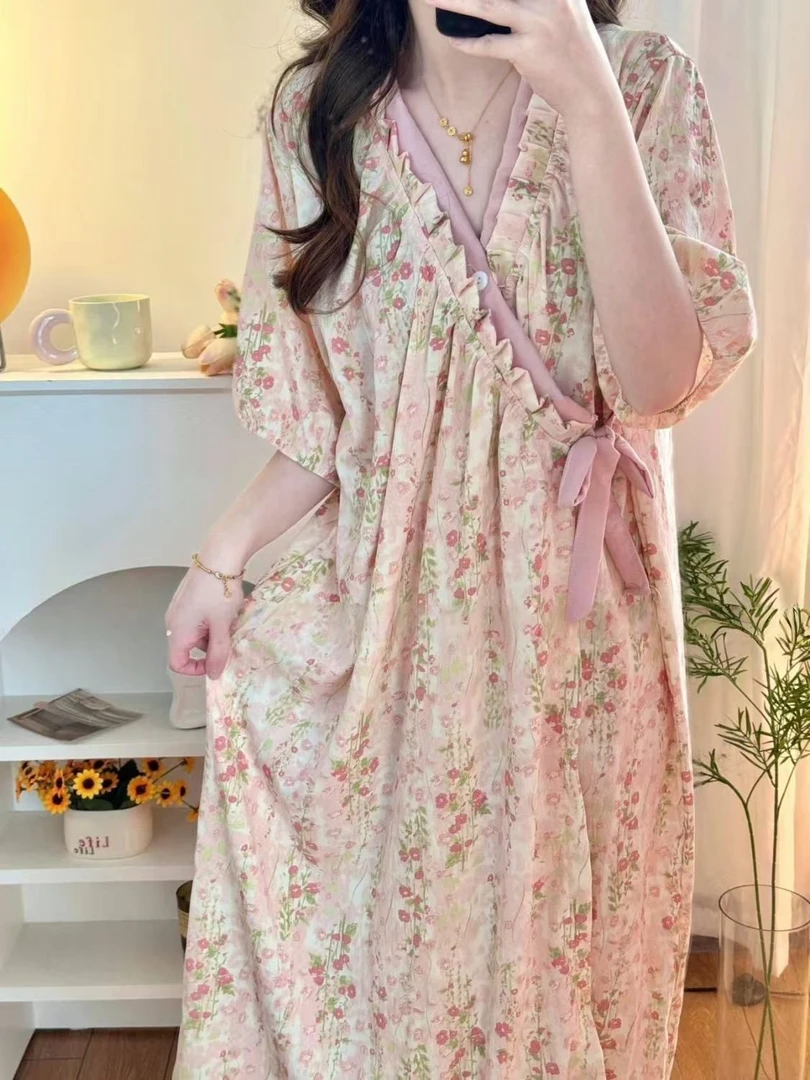 法式绝美碎花短袖睡裙女款夏季2025超火独特睡衣浴袍家居服可外穿