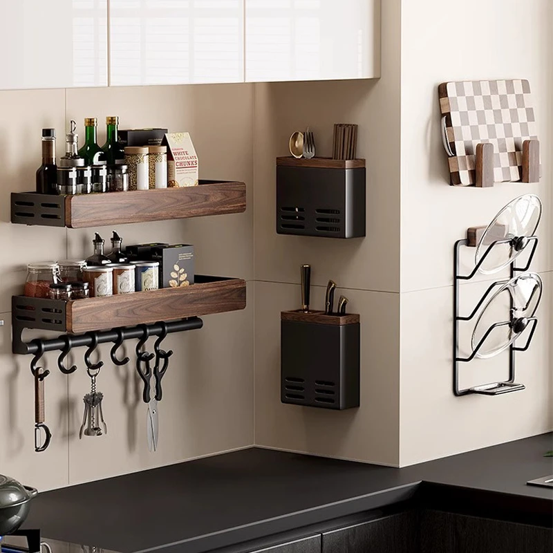 胡桃木厨房置物架中古风免打孔多层实木锅盖刀筷勺调料壁挂收纳架