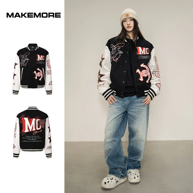 Makemore{马年限定}夹克外套男贴皮绣珍珠美式复古重磅棒球服女潮