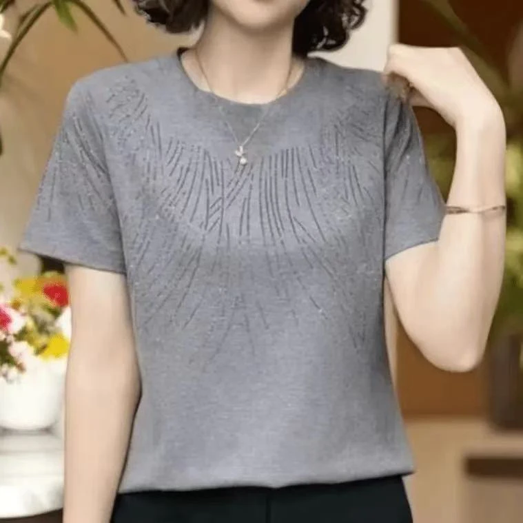 新款圆领烫钻T恤夏季短袖上衣洋气百搭时尚女士妈妈装小衫