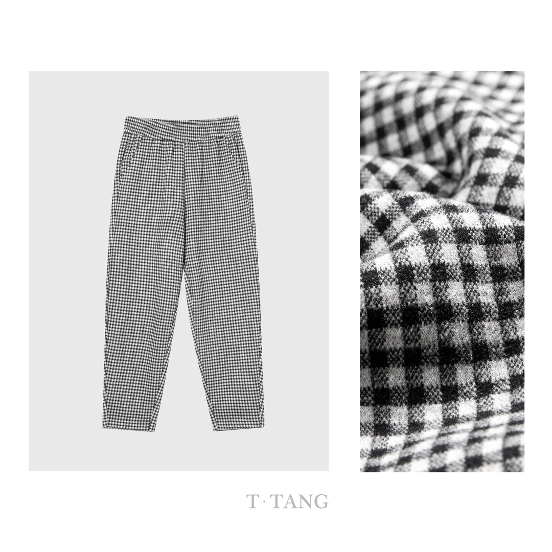 秋季新款500g莱赛尔醋酸羊毛色织呢料休闲百搭小脚哈伦裤【7328】